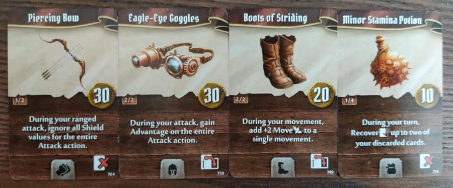 Tinkerer starting items - Piercing Bow, Eagle-Eye Goggles, Boots of Striding, Minor-Stamina Potion