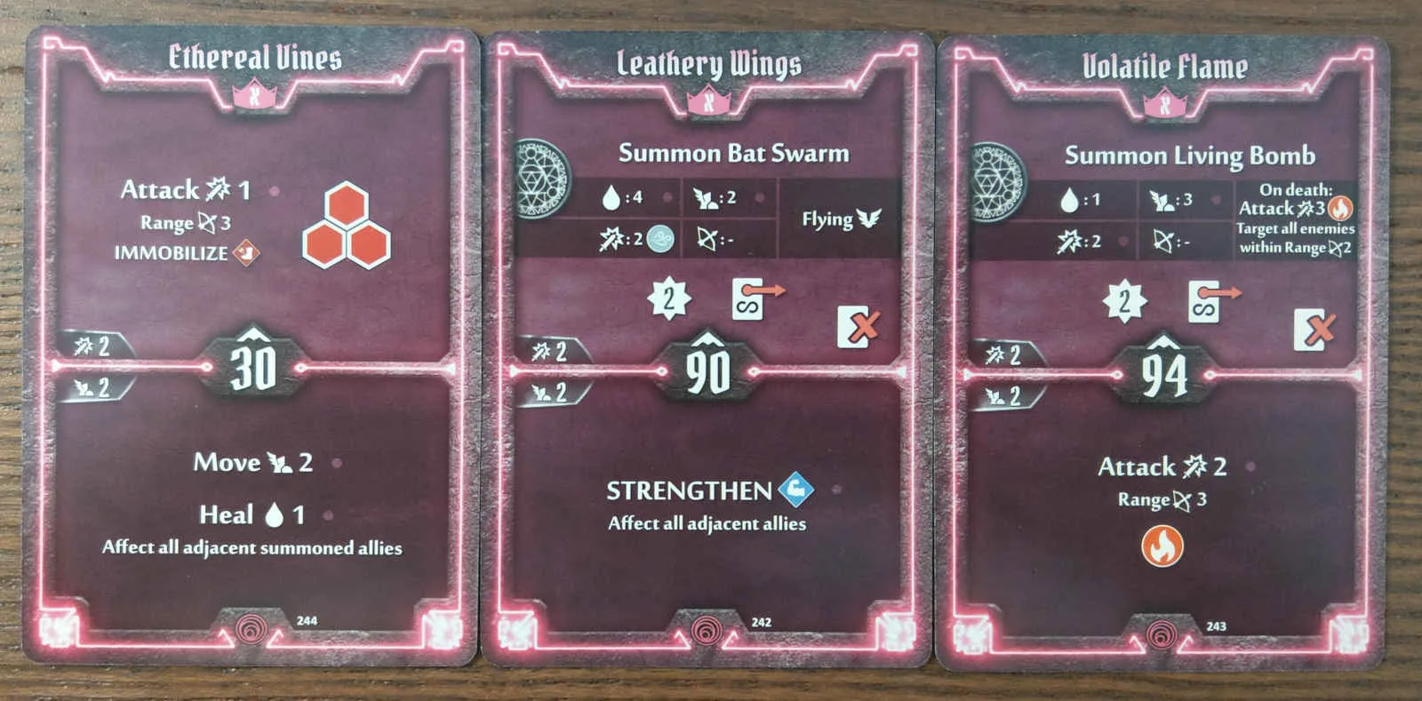 Summoner level X cards - Ethereal Vines, Leathery Wings, and Volatile Flame