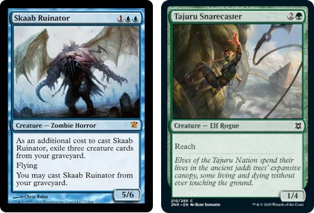 Skaab Ruinator and Tajuru Snarecaster MtG cards. Image: Wizards of the Coast.