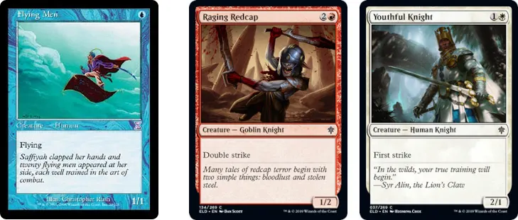 Flying Men, Raging Redcap, and Youthful knight MtG cards. Image: Wizards of the Coast.