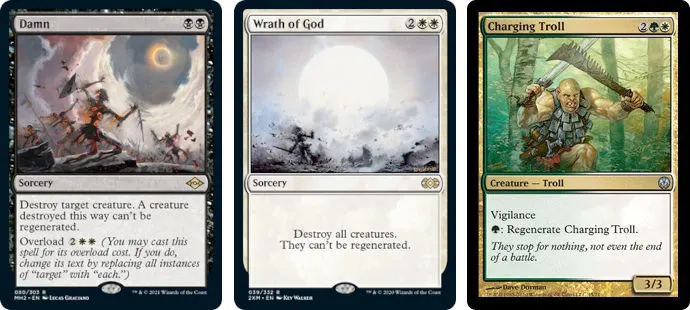 MTG-Karten Damn, Zorn Gottes und Charging Troll. Bild: Wizards of the Coast.