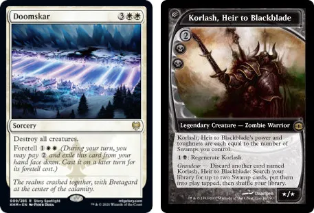 MTG-Karten Doomskar und Korlash, Erbe des Schwarzschwerts. Bild: Wizards of the Coast.