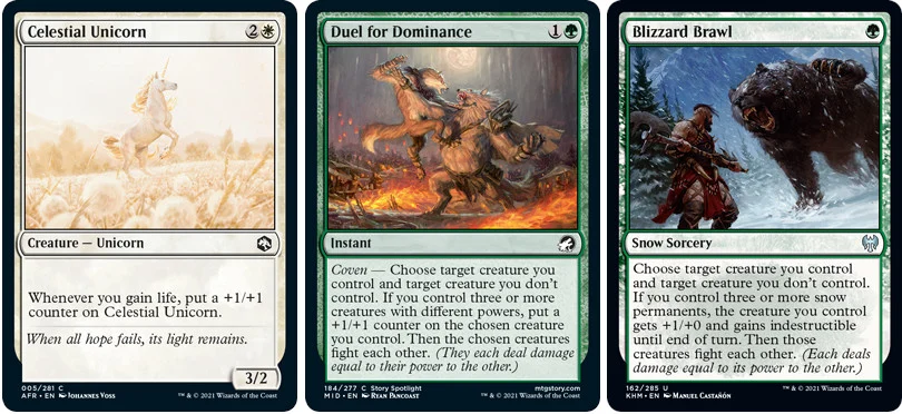MTG cards Celestial Unicorn, Duel for Dominance and Blizzard Brawl. Image: Wizards of the Coast.