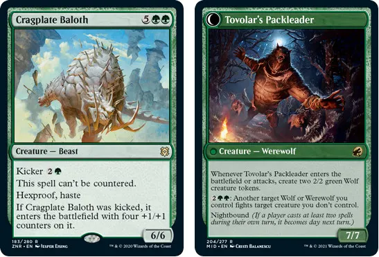 MTG cards Cragplate Baloth and Tovolar's Packleader. Image: Wizards of the Coast.